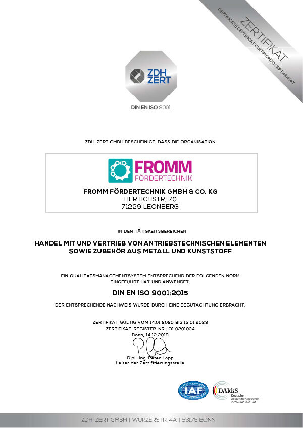 DIN EN ISO 9001 Zertifikat 2023 der Fromm Fördertechnik GmbH & Co. KG